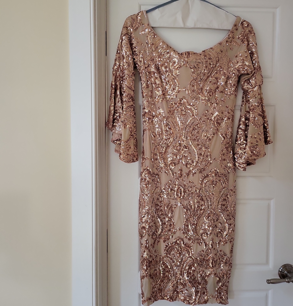 Betsy & Adam Rose Gold Sequin Midi Dress